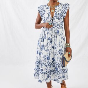 Mint Velvet Cottage Coastal Cowgirl Prairie Boho Cottage Ruffle Tier Midi Dress